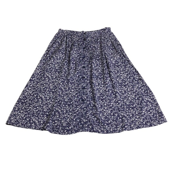 Vintage Jantzen Skirt Women 14 Blue Floral Cottage Boho Midi Button Linen Blend - Picture 1 of 16